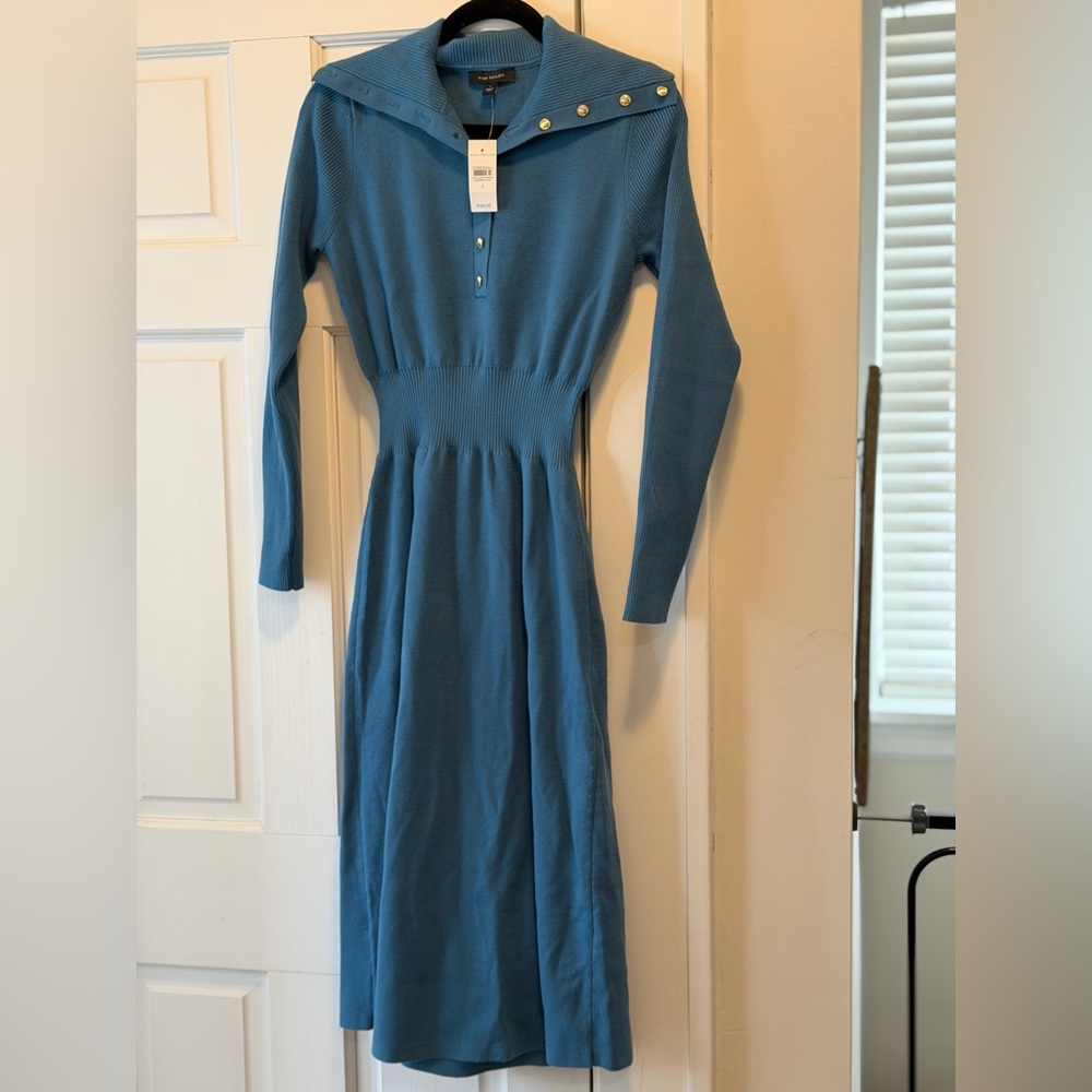 Ann Taylor Blue Long-Sleeve Sweater Dress with Button Accents